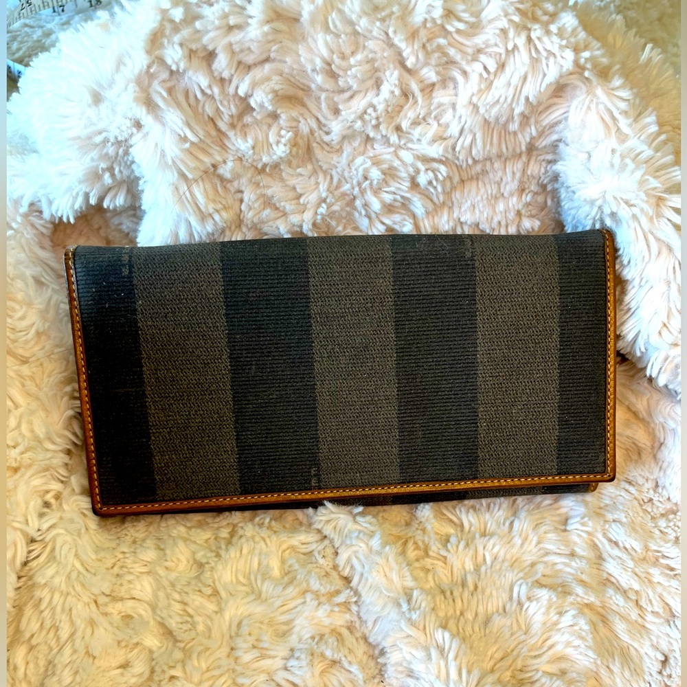 FENDI Authentic Long Wallet Penguin Stripe Black Leather Interior